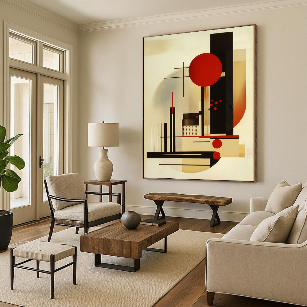 Contemporary hand-painted abstract art featuring geometric shapes primary colors black lines and red dots balanced composition with an abstract cityscape and figures. DLZ1419