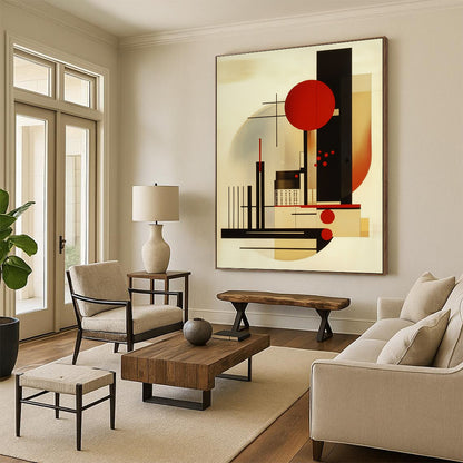 Contemporary hand-painted abstract art featuring geometric shapes primary colors black lines and red dots balanced composition with an abstract cityscape and figures. DLZ1419