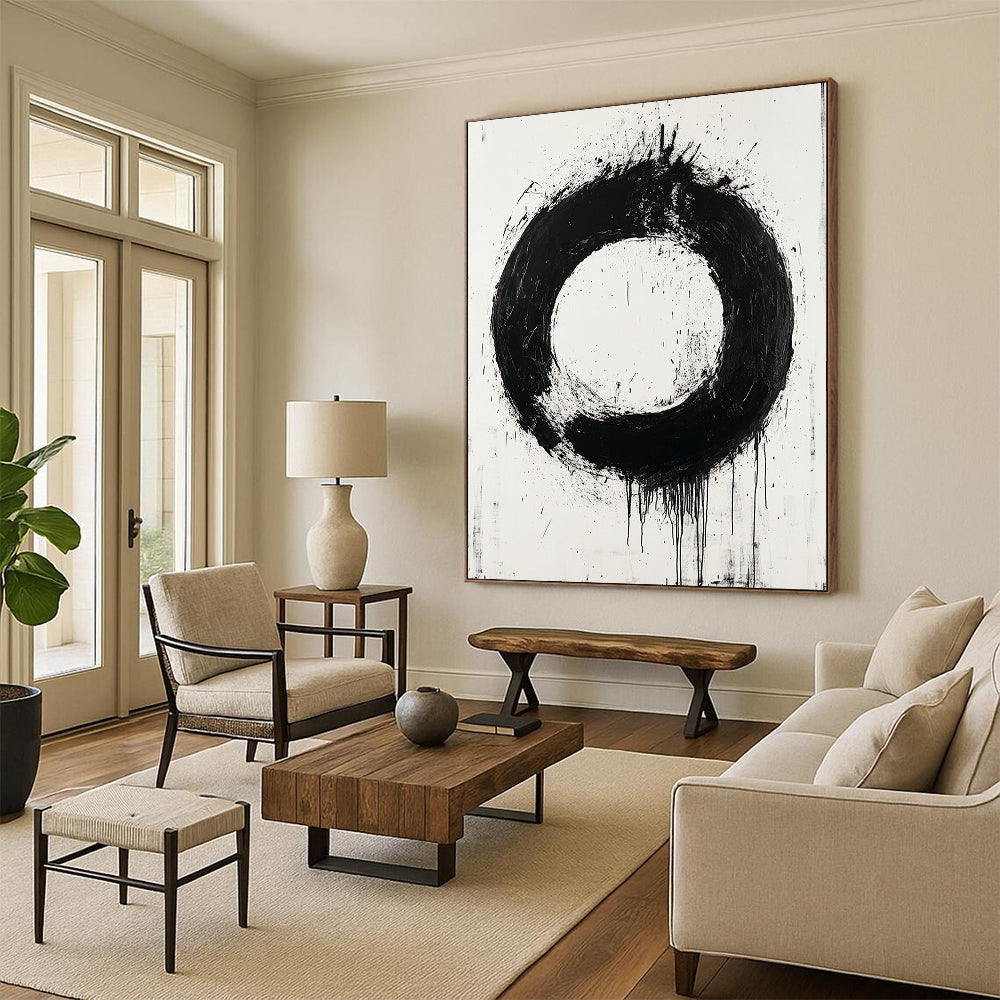 Black, White, Bold Circular Stroke "Zen Enso" Abstract Minimalist Painting On Canvas HB044