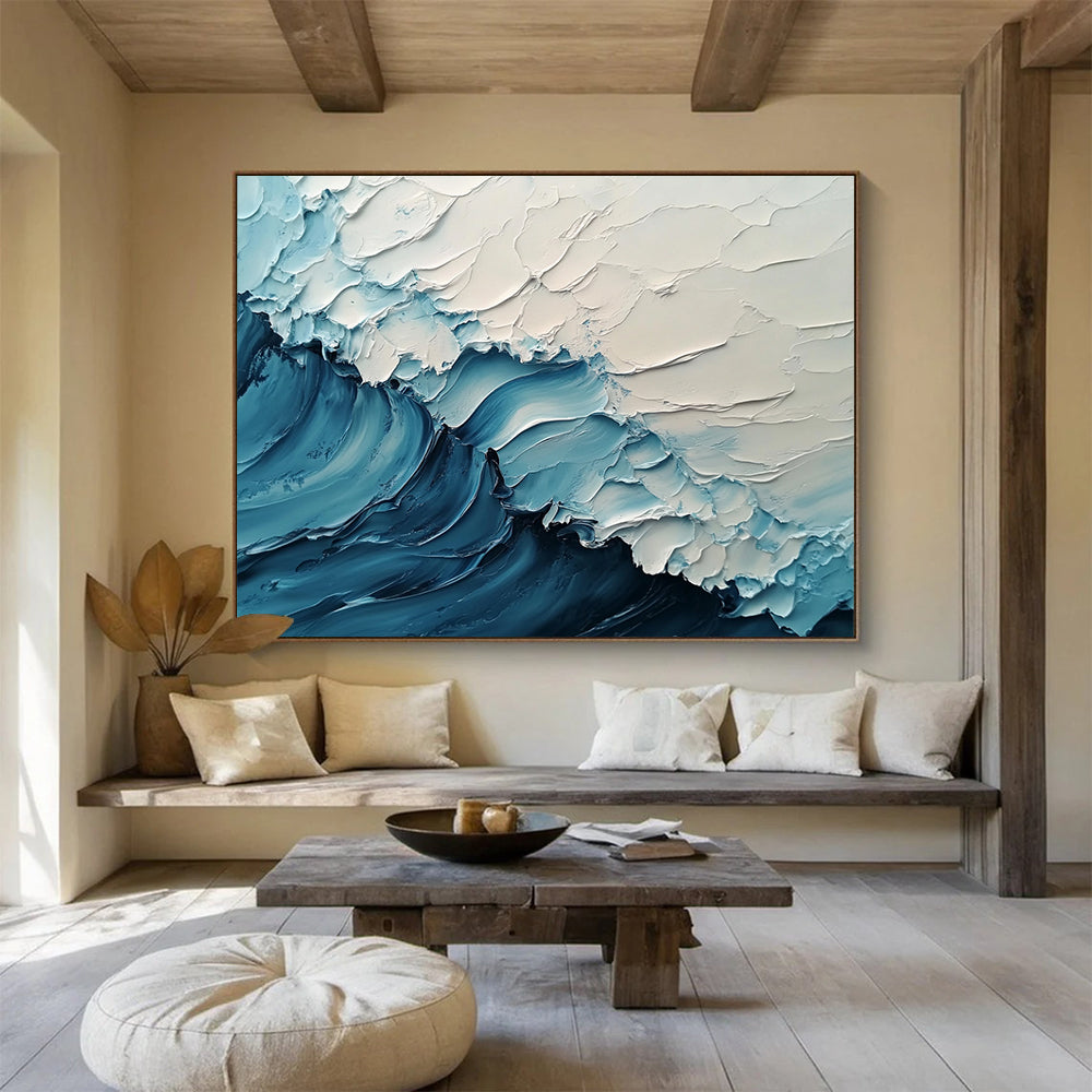 “Soft Blue and White Rippling Waves” - Light Blue, White, Textured Wave Abstract Painting On Canvas HB0977