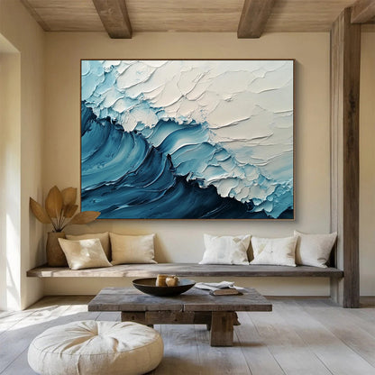 “Soft Blue and White Rippling Waves” - Light Blue, White, Textured Wave Abstract Painting On Canvas HB0977