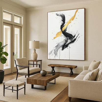 Black, White, Gold, Gray, Twisted Swirls "Gilded Twist" Abstract Expressionist Painting On Canvas HB097