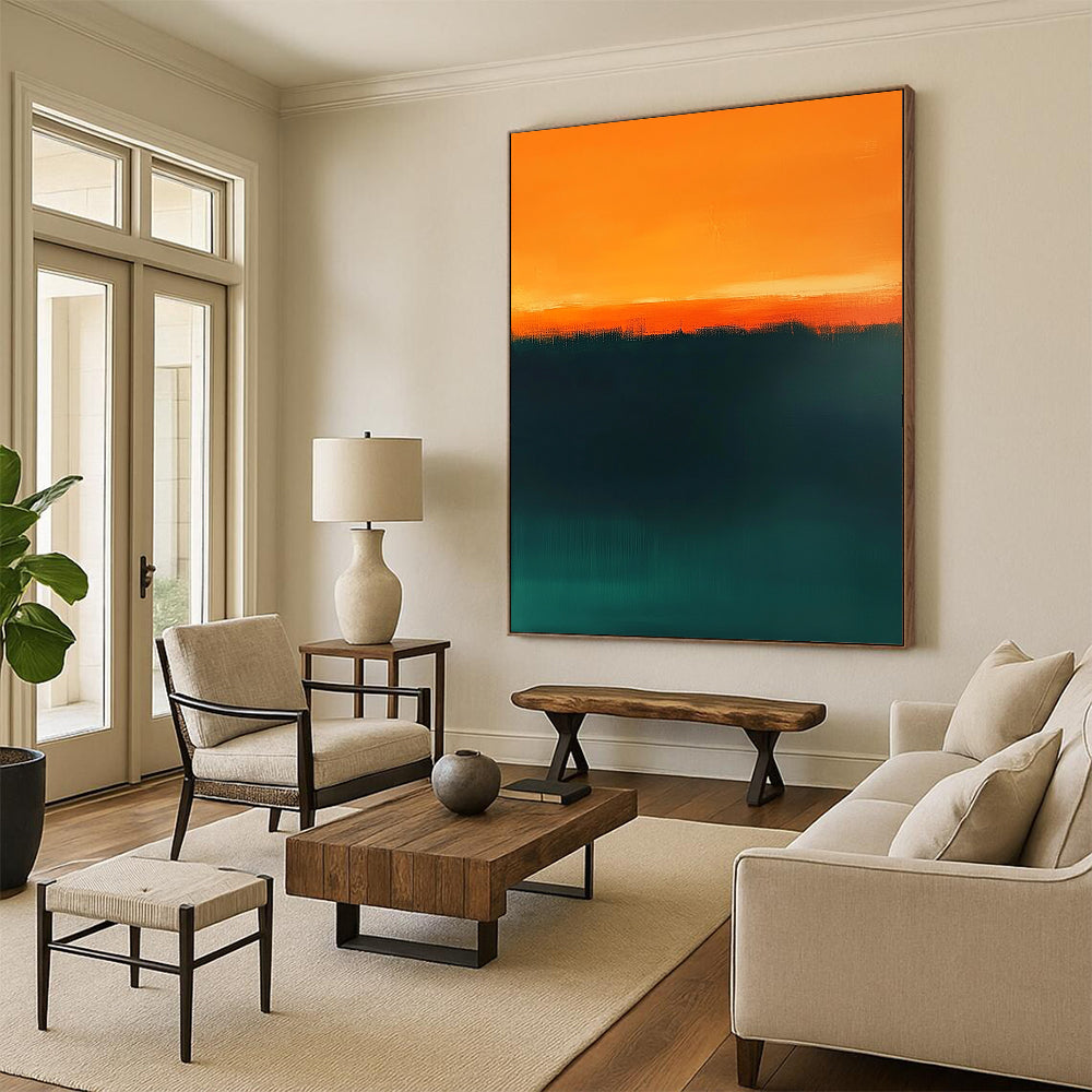 Contemporary hand-painted abstract art featuring dark green and orange tones with a tranquil teal gradient and warm amber horizon line for serene beauty. DLZ1384