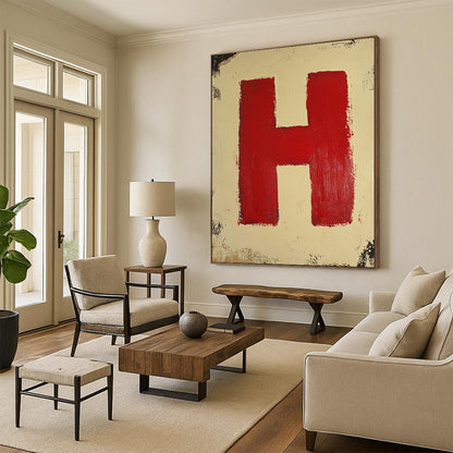 Contemporary abstract painting featuring a red square on a cream background with a striking red letter H at the center. DLZ1695