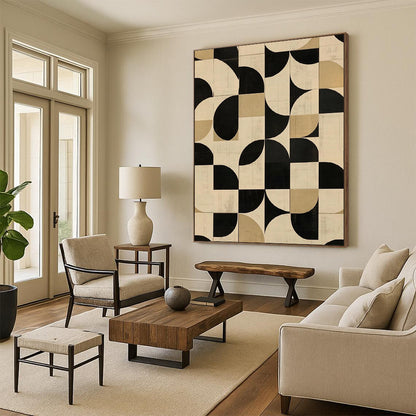 Contemporary abstract art featuring geometric patterns in neutral tones with black and white circular shapes perfect for modern interiors. DLZ1574
