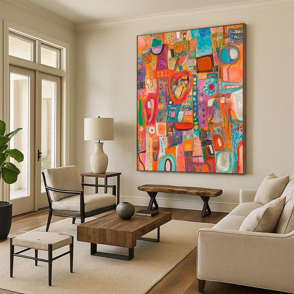 Vibrant contemporary hand-painted abstract art featuring diverse objects with intricate materials and details, offering a dynamic visual experience and rich textures. DLZ1492