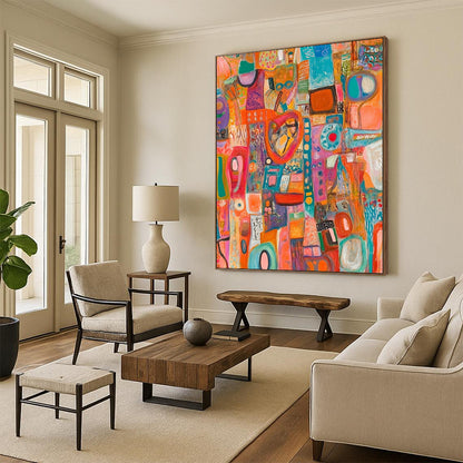 Vibrant contemporary hand-painted abstract art featuring diverse objects with intricate materials and details, offering a dynamic visual experience and rich textures. DLZ1492