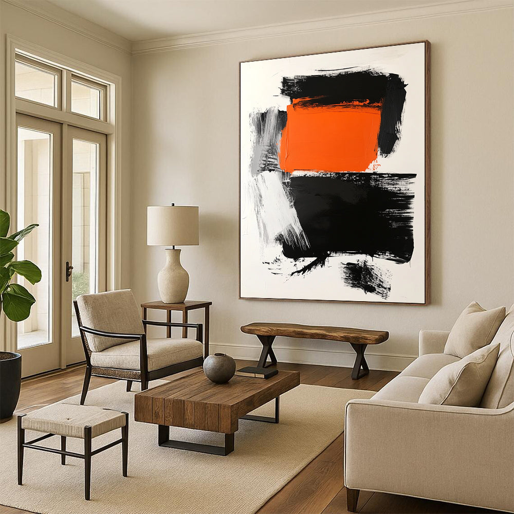Contemporary abstract art features a striking orange square atop a bold black rectangle on a clean white background with dynamic brush strokes. DLZ1559