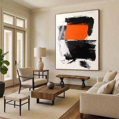 Contemporary abstract art features a striking orange square atop a bold black rectangle on a clean white background with dynamic brush strokes. DLZ1559