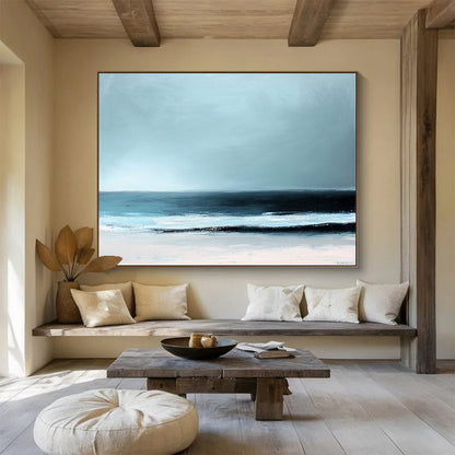“Minimalist Beach Horizon” - Light blue, black, white; Abstract beach scene; Soft Acrylic Painting On Canvas HB1189