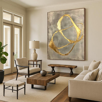 Contemporary abstract art featuring gold leaf-shaped lines on a gray background, showcasing organic forms and minimalist fluidity in a striking hand-painted design. DLZ1578