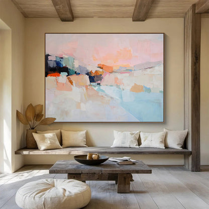 Soft Pink and Colorful Abstract Landscape - “Blush Horizon” Painting On Canvas HB1456