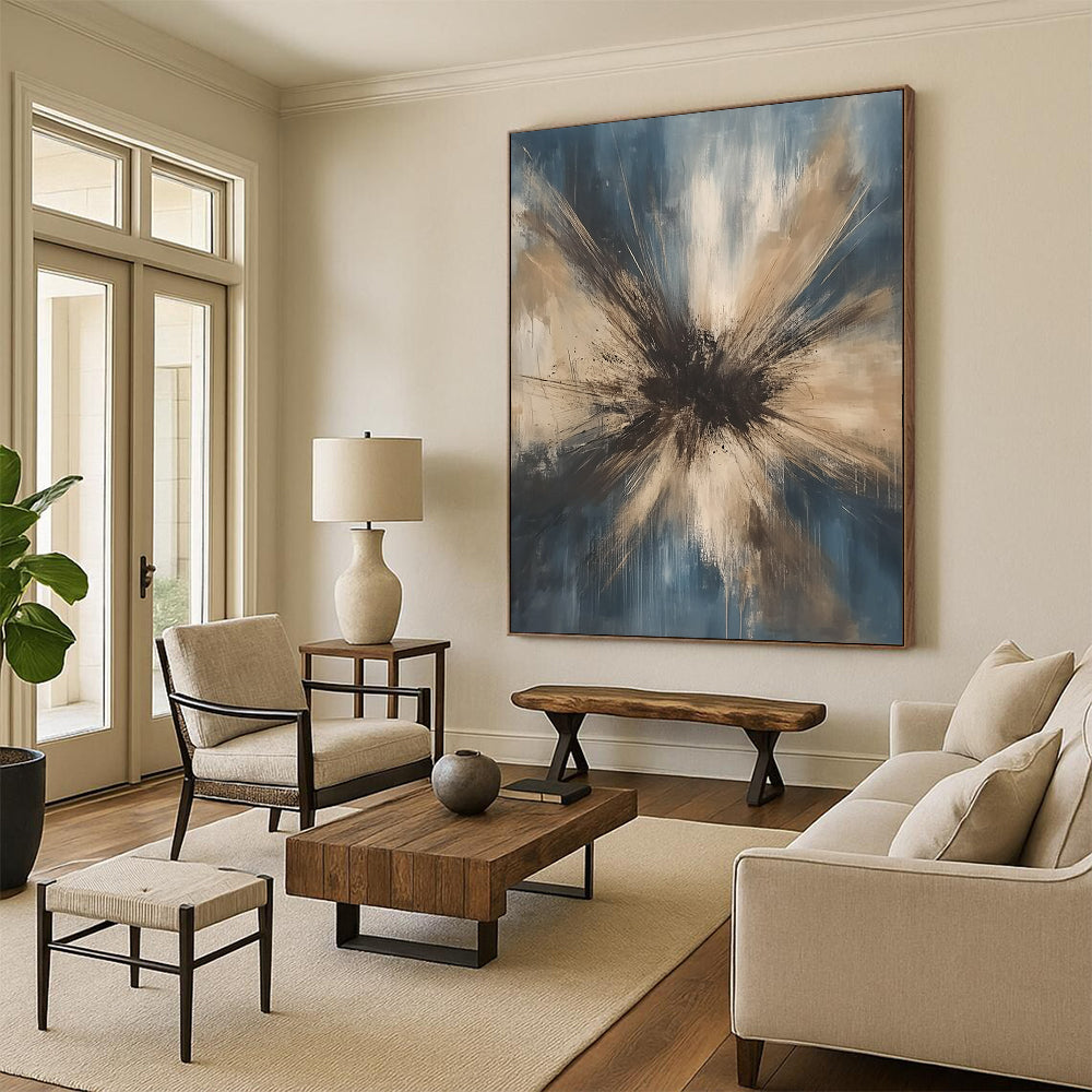 Contemporary hand-painted abstract art featuring an explosion of dark gray beige and white tones against a light blue background with organic strokes. DLZ1187