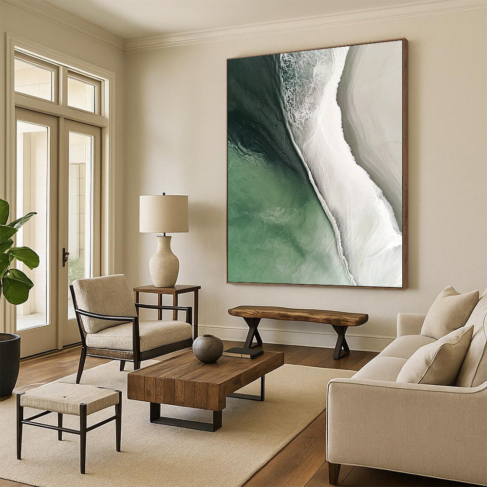 Contemporary hand-painted abstract artwork featuring a stunning beach scene with flowing water in white and green colors, capturing cinematic details and natural lighting. DLZ0840