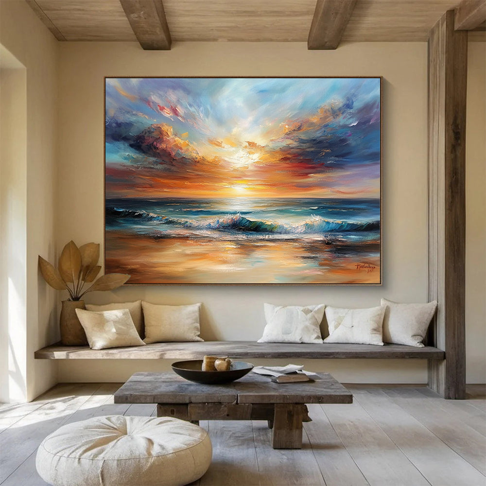Golden - Hued Sea Sunset with Vibrant Skies - Impasto Seaside Painting On Canvas HB0444