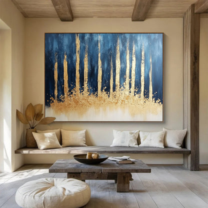 “Gold - Tree Silhouettes on Blue” - Gold, Blue, Beige, Tree Shapes Painting On Canvas HB0815