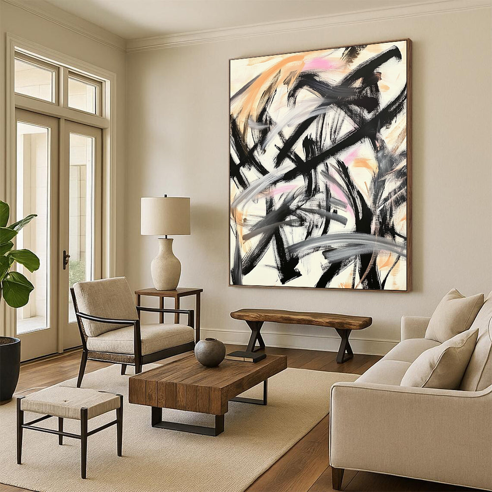 Contemporary hand-painted abstract art featuring Chinese calligraphy black brush strokes with gold and pink accents for a dynamic expression. DLZ1563