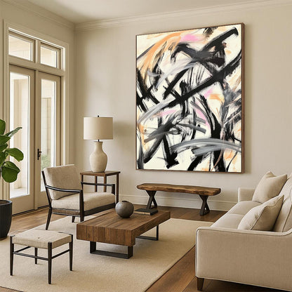 Contemporary hand-painted abstract art featuring Chinese calligraphy black brush strokes with gold and pink accents for a dynamic expression. DLZ1563