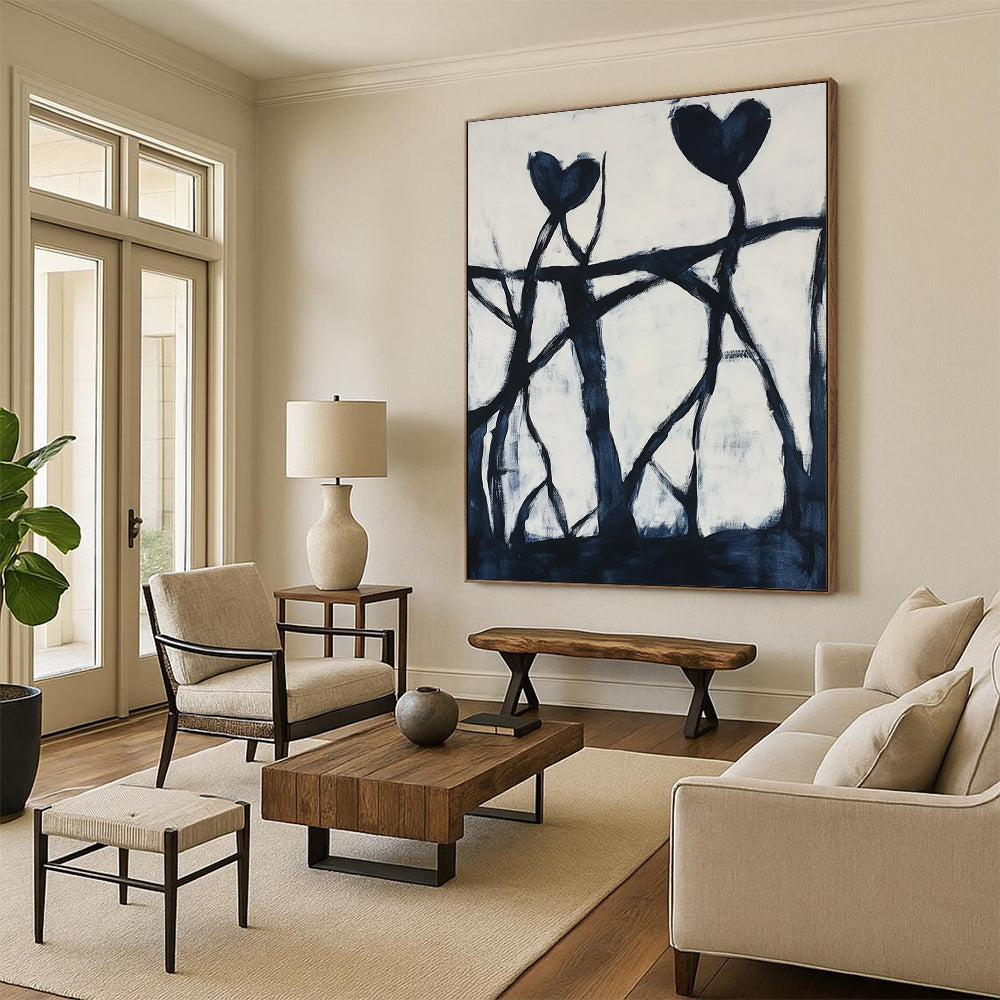 Contemporary hand-painted abstract artwork featuring dynamic black shapes, intricate patterns, and bold hearts against a pure white background. DLZ1398