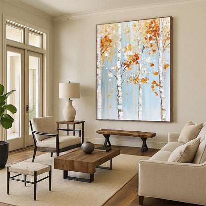 Contemporary abstract painting features birch trees with gold and white leaves on a light blue background with white trunks and orange flowers. DLZ0612