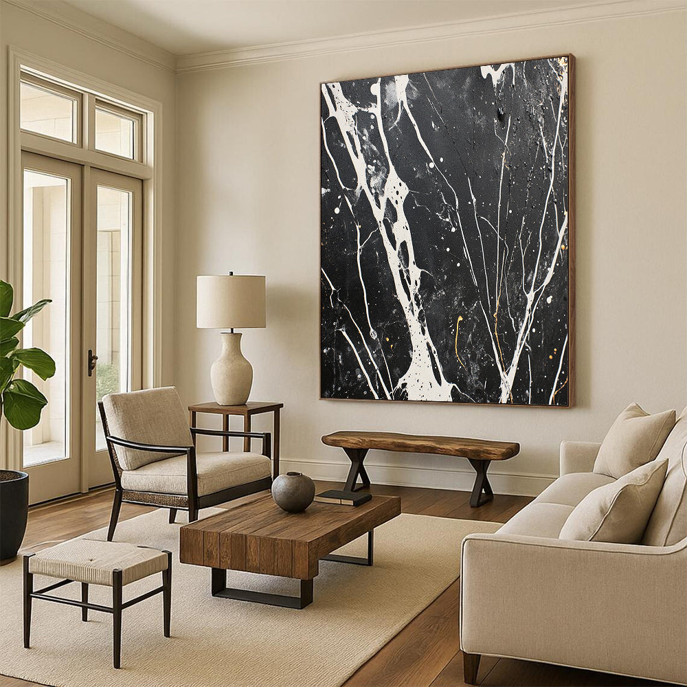 Black, White, Gray, Gold, Intricate Veins "Marbled Night" Abstract Modernist Painting On Canvas HB065