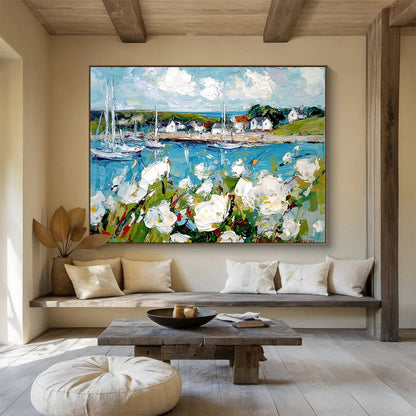 Blue, White, Green and Yellow Coastal Harbor with Flowers "Harbor Blooms" Painting On Canvas HB0666