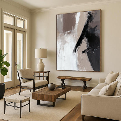 Large contemporary abstract painting featuring beige and white tones with black brush strokes on oil wood panel ideal for modern decor. DLZ0698