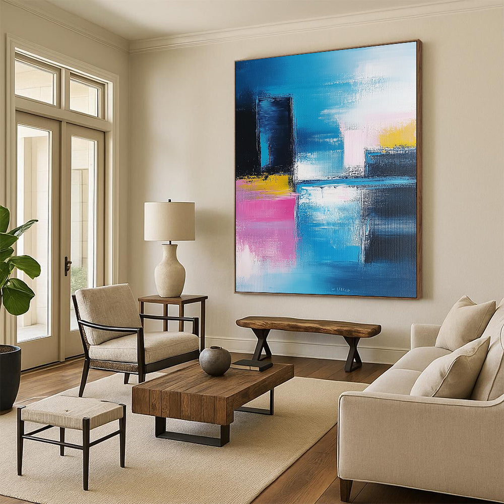 Modern abstract artwork features vibrant blue and pink brushstrokes, showcasing a contemporary cityscape against a soft sky and serene sea. DLZ0348