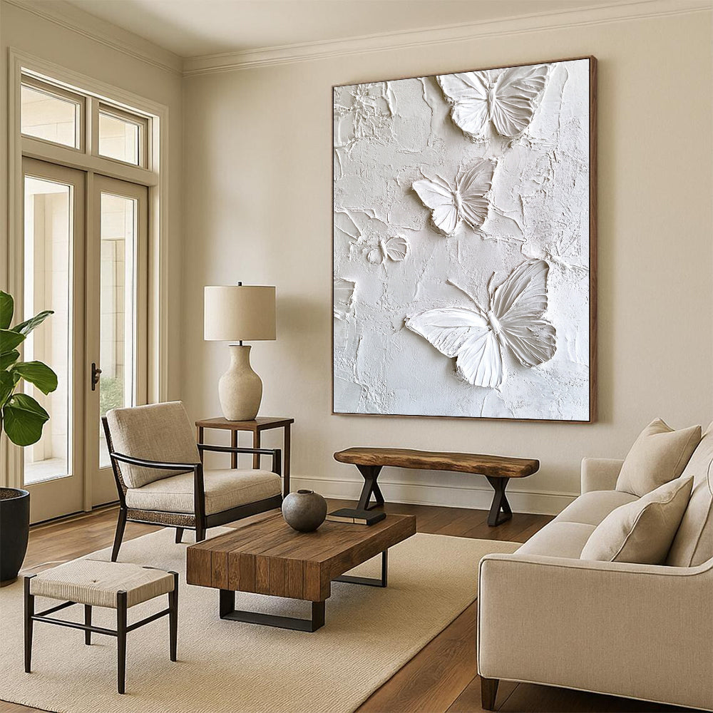 Contemporary abstract artwork featuring white butterflies on a textured plaster wall, enhanced high-definition texture detail for a striking visual impact. DLZ1739