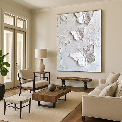 Contemporary abstract artwork featuring white butterflies on a textured plaster wall, enhanced high-definition texture detail for a striking visual impact. DLZ1739