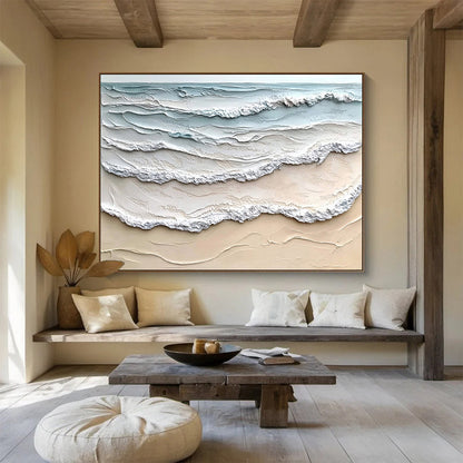 Layered Sea Waves in Blue and Beige - Impasto Ocean Scene Painting On Canvas HB0427