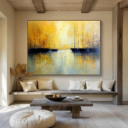 “Golden Sailboat Abstract” - Yellow, Blue, Black with Sailboat Silhouettes - Painting On Canvas HB1383