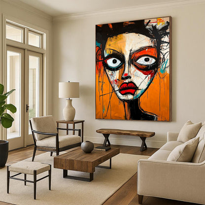 Contemporary hand-painted abstract artwork showcasing a vibrant face with strong emotions using dynamic shapes and expressive brush strokes in Basquiat style. DLZ1647
