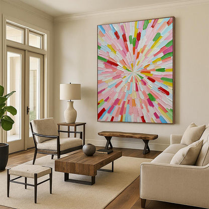 Large contemporary abstract artwork featuring vibrant colors in a sunburst pattern crafted from small paper sticks on a white background. DLZ1275