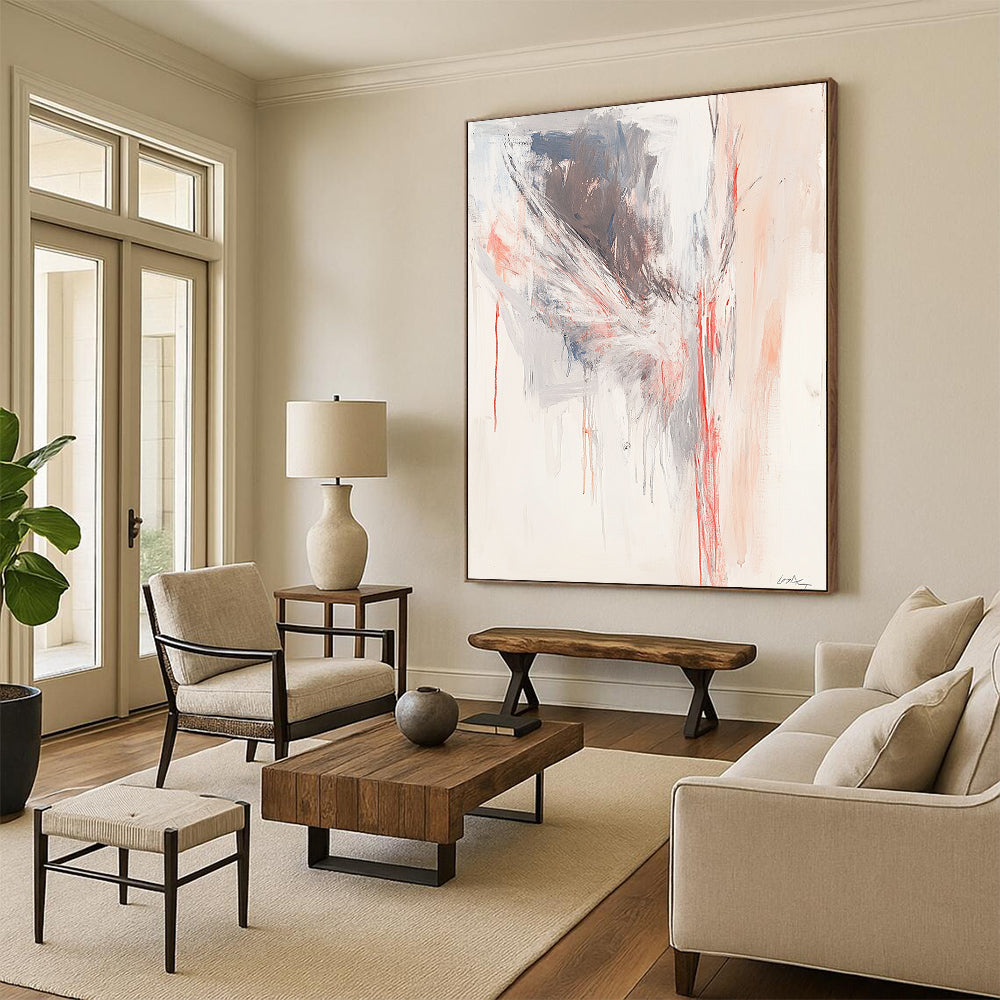 Contemporary abstract painting featuring soft red lines forming an angelian shape against a light gray and white background. DLZ0865
