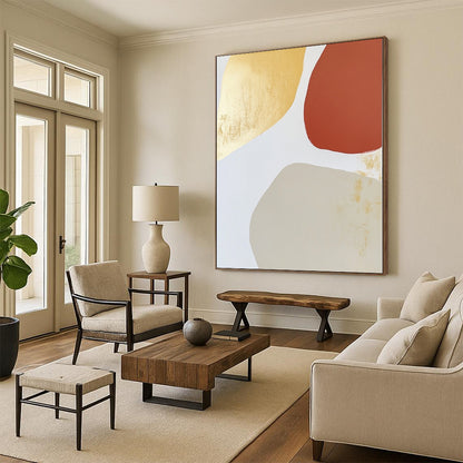 Contemporary abstract art features warm tones with an irregular oval shape, minimalist brushstrokes, and gold leafing on a light gray background. DLZ1518