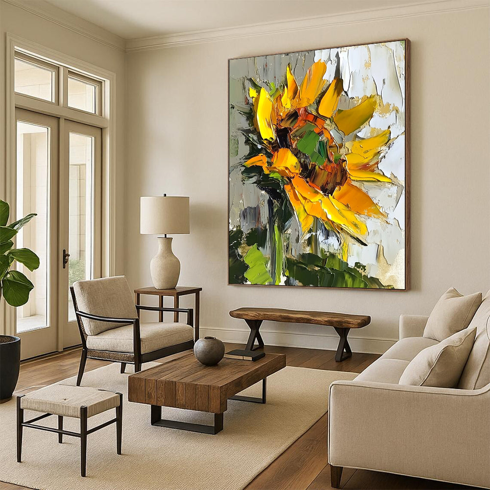 Vibrant abstract sunflower oil painting with bold brush strokes and textured surface in natural light against a soft green leaf backdrop. DLZ1664
