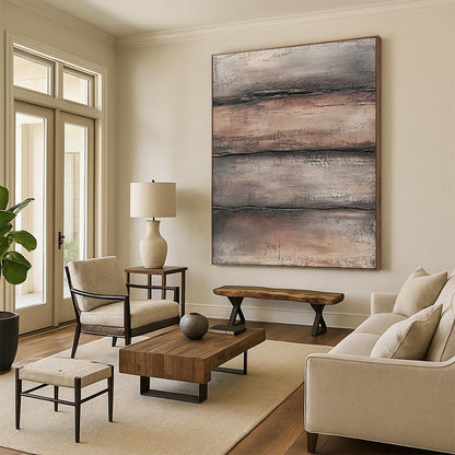 Contemporary hand-painted abstract art featuring textured layers of brown and gray evoking weathered wood in a rugged industrial style. DLZ1480