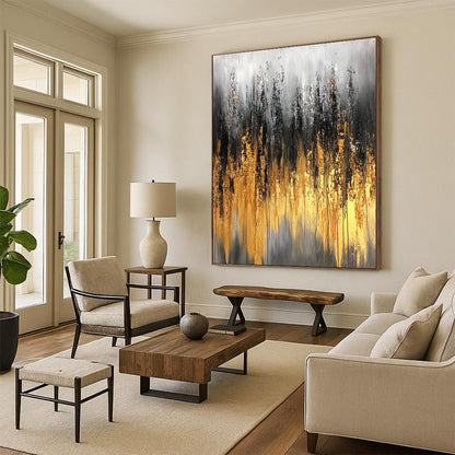 Large contemporary abstract painting featuring gray and gold tones with textured brushstrokes and delicate light effects on a soft background. DLZ0746