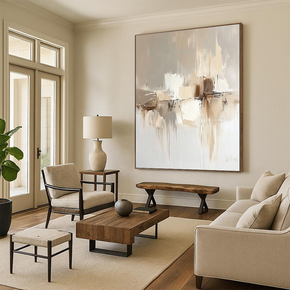 Contemporary hand-painted abstract artwork in soft neutral tones featuring a beige background and elegant fluid shapes that enhance modern interiors. DLZ0287