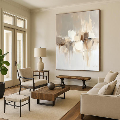 Contemporary hand-painted abstract artwork in soft neutral tones featuring a beige background and elegant fluid shapes that enhance modern interiors. DLZ0287