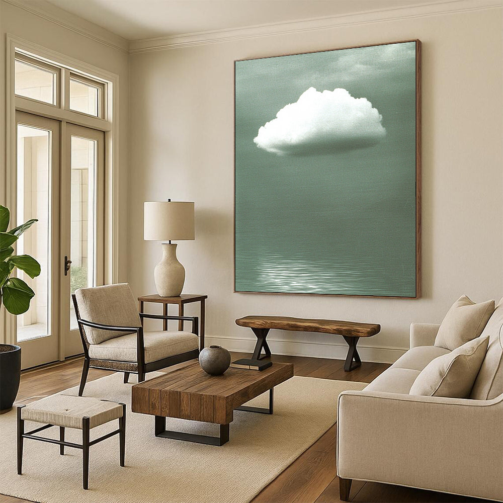 Contemporary abstract art features a soft white cloud on a gray backdrop, enhanced by green water ripples and subtle reflections below. DLZ1470