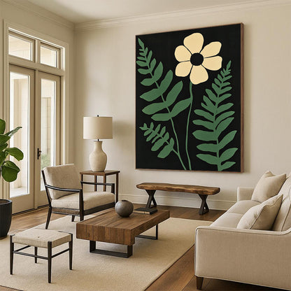 Contemporary abstract art featuring a white flower and green fern leaves on a striking black background with muted colors inspired by Matisse. DLZ1636