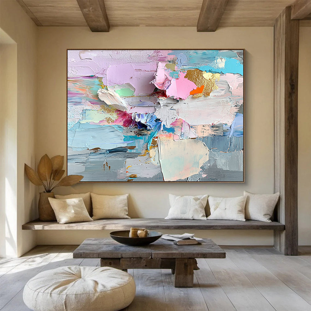 “Colorful Textured Abstract Collage” - Pink, Blue, Gold, Colorful textured abstract shapes - Impasto Oil Painting HB1794