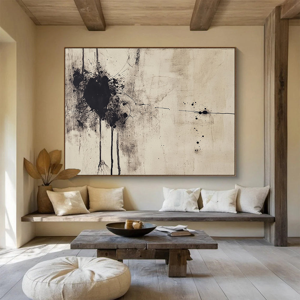 “Ink - Splatter Abstract” - Black, Beige with Spattered Ink - Painting On Canvas HB1387