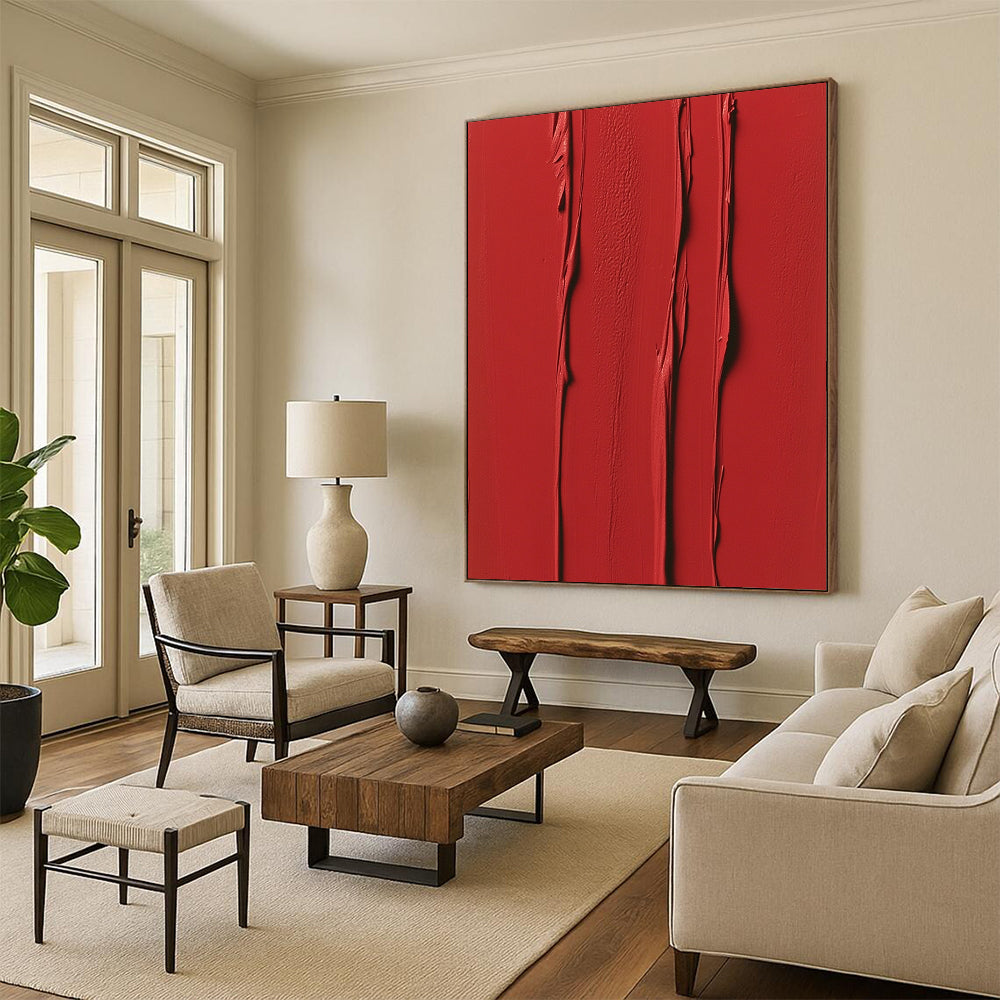 Contemporary abstract painting featuring vibrant red vertical strokes and textured layers evoking energy and passion in a minimalist symmetrical design. DLZ1694