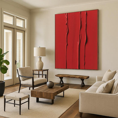 Contemporary abstract painting featuring vibrant red vertical strokes and textured layers evoking energy and passion in a minimalist symmetrical design. DLZ1694