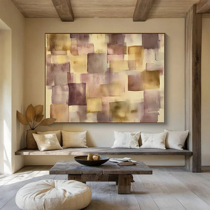 “Muted Geometric Squares” - Purple, Beige, Geometric, Abstract Painting On Canvas HB0764