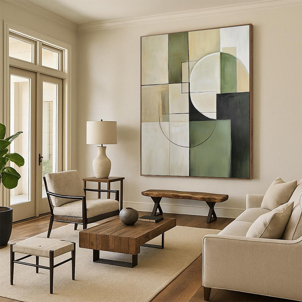 Contemporary hand-painted abstract artwork featuring minimalist beige and green tones with geometric squares and circles for a sophisticated aesthetic. DLZ0552