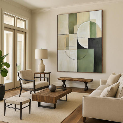 Contemporary hand-painted abstract artwork featuring minimalist beige and green tones with geometric squares and circles for a sophisticated aesthetic. DLZ0552